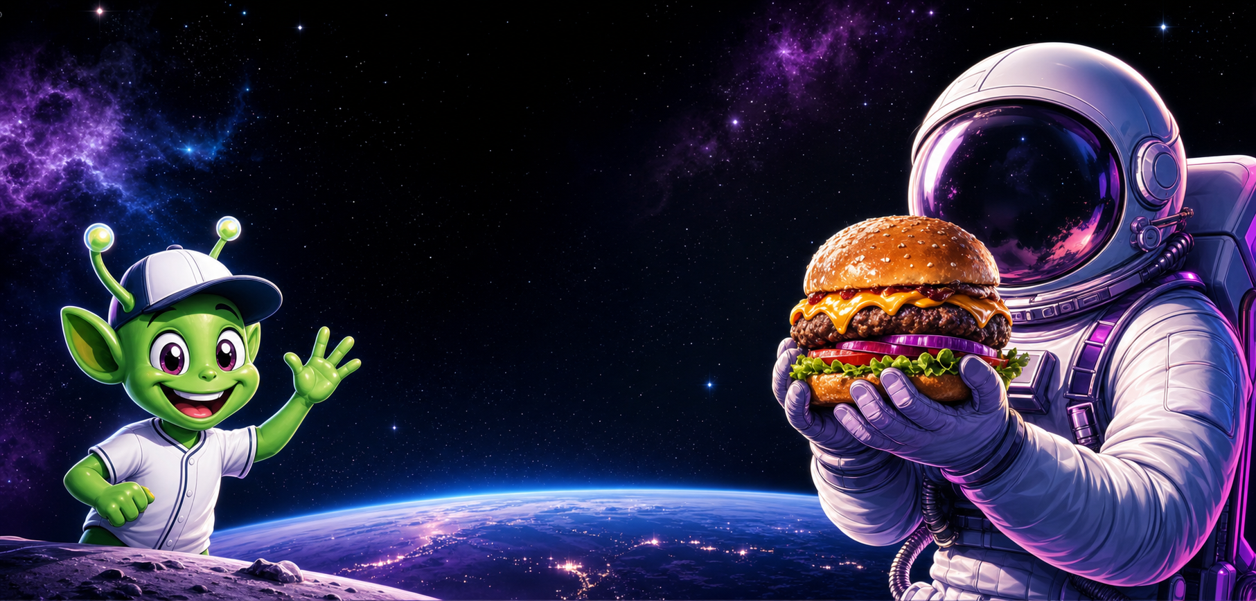 Clutch City Burger astronaut and green alien mascots in space